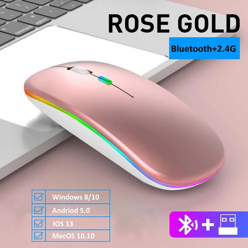 Mouse Ergonômico LED sem Fio com Luz de Fundo, USB Recarregável, Compatível com Bluetooth, RGB, Silencioso, Laptop, PC, iPad