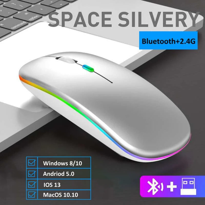 Mouse Ergonômico LED sem Fio com Luz de Fundo, USB Recarregável, Compatível com Bluetooth, RGB, Silencioso, Laptop, PC, iPad