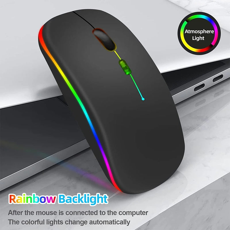 Mouse Ergonômico LED sem Fio com Luz de Fundo, USB Recarregável, Compatível com Bluetooth, RGB, Silencioso, Laptop, PC, iPad